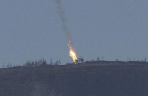 Video of the Russian SU-24 exploding in flames inside Syrian territory after it was shot down by Turkish air-to-air missiles on Nov. 24, 2015. Video of the Russian SU-24 exploding in flames inside Syrian territory after it was shot down by Turkish air-to-air missiles on Nov. 24, 2015.