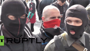 Far-right militia members demonstrating outside Ukrainian parliament in Kiev.