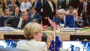 Secretary of State John Kerry chats with Russian Foreign Minister Sergey Lavrov during an international conference in Malaysia on Aug. 6, 2015.