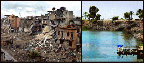 Falluja destroyed and a tranquil scene from Lake Habbaniyah