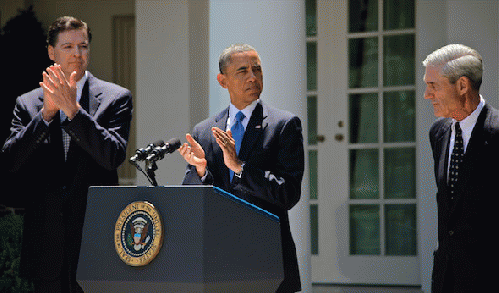 James Comey, left, became the seventh director of the FBI in 2013, replacing Robert Mueller, far right.