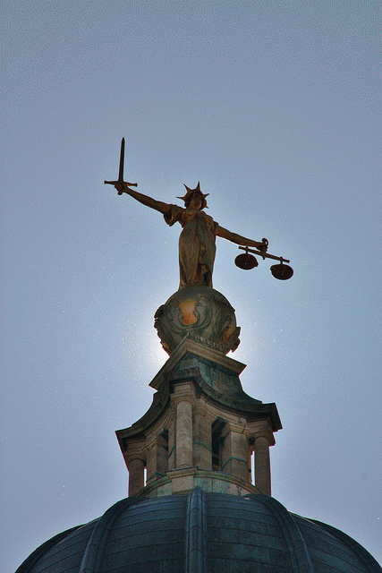 .Lady Justice. atop the Old Bailey, carrying the scales of even-handedness and the sword of punishment, should it be needed. Some remember this as Rumpole's old hangout., From FlickrPhotos