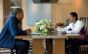 National Security Advisor Susan E. Rice briefs President Barack Obama on foreign policy developments during Obama's summer break on Martha's Vineyard, Massachusetts, on Aug. 12, 2013.