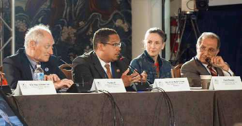 Members of the Democratic party Platform Committee, including (from left to right) American Federation of State, County, and Muncipal Employees executive assistant to the president, Paul Booth, U.S. Rep. Keith Ellison (D-Minn.), former White House Energy 