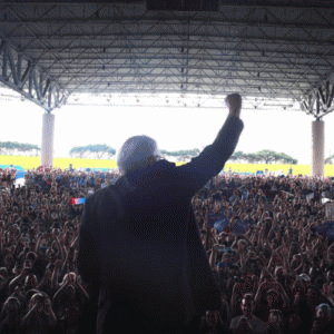 Sen. Bernie Sanders speaking to one of his large crowds of supporters.