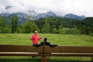 President Barack Obama talks with German Chancellor Angela Merkel at the G7 Summit at Schloss Elmau in Bavaria, Germany, June 8, 2015., From ImagesAttr