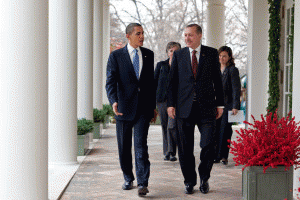 President Barack Obama walks along the Colonnade at the White House with then-Prime Minister Recep Tayyip Erdogan of Turkey, Dec. 7, 2009.