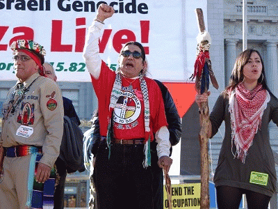 Native American activists taking a stand in support of Palestinian rights.