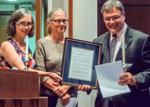 Former CIA officer John Kiriakou (right) receiving 2016 Sam Adams Award for Integrity from Elizabeth Murray (left) and Coleen Rowley on Sept. 25, 2016, in Washington, D.C.