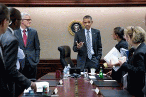 President Barack Obama concludes a National Security Council meeting in the Situation Room of the White House, April 19, 2016., From ImagesAttr