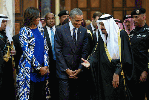 President Barack Obama and first lady Michelle Obama visited Saudi Arabia in 2015 and met with King Salman bin Abdulaziz., From ImagesAttr