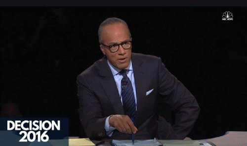 Debate moderator Lester Holt, asking a question that did not involve immigration, healthcare or student debt., From ImagesAttr