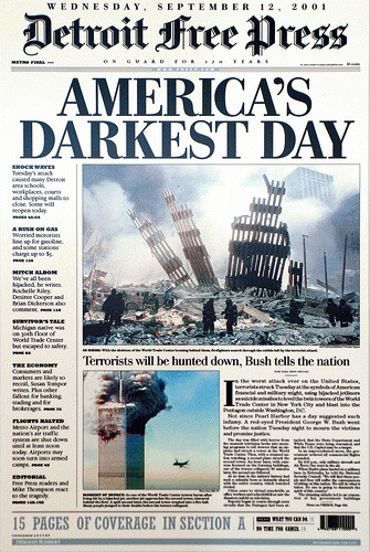 9/11, 2001, Detroit Free Press, Detroit, Michigan
View Photo Page Source at flickr.com/photos/28567825@N03/4981634604/

Owner: cliff1066 ? at flickr.com/people/28567825@N03/
License: Attribution