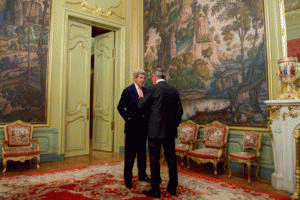 U.S. Secretary of State John Kerry chats with Russian Foreign Minister Sergey Lavrov outside a room in the Russian Foreign Ministry's Osobnyak Guesthouse in Moscow, Russia, on July 15, 2016., From ImagesAttr