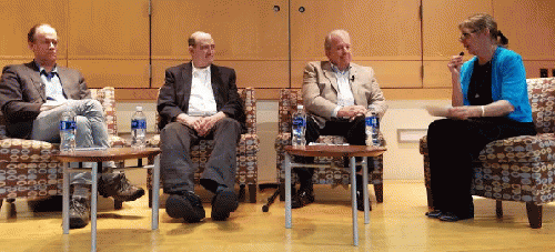 Whistleblowers Thomas Drake, William Binney, Kirk Wiebe and moderator/organizer West Chester professor Jana Nestlerode