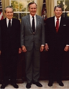 Presidents Richard Nixon, George H.W. Bush and Ronald Reagan photographed together in the Oval Office in 1991.