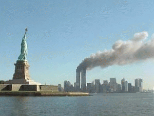 The World Trade Center's Twin Towers burning on 9/11., From ImagesAttr