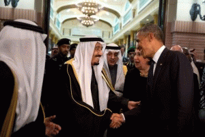 Saudi King Salman bids farewell to President Barack Obama at Erga Palace after a state visit to Saudi Arabia on Jan. 27, 2015., From ImagesAttr