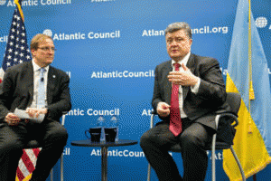 Ukraine's anti-Russian President Petro Poroshenko speaking to the Atlantic Council in 2014.