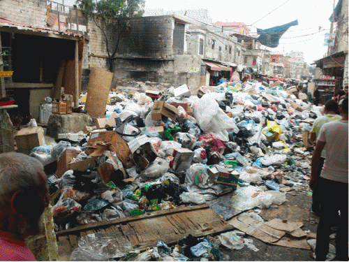 Historic Rue Sabra, the main access into Shatila camp, as shown on 11/7/2016. During better times Rue Sabra was a locale for art exhibitions, festivals and proud marches and gatherings by Palestinian Girl and Boy scouts as well as Fedayeen and internation