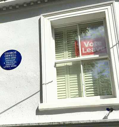 Brexit support sign in window of London home where author George Orwell once lived., From ImagesAttr