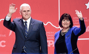Mike Pence and his wife, Karen Pence, speaking at CPAC 2015 in Washington, DC Mike Pence and his wife, Karen Pence, speaking at CPAC 2015 in Washington, DC