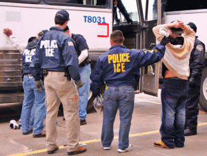 U.S. Immigration and Customs Enforcement (ICE) officers arresting suspects during a raid in 2010.
