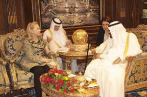 U.S. Secretary of State Hillary Clinton meets with Saudi King Abdullah in Riyadh on March 30, 2012.