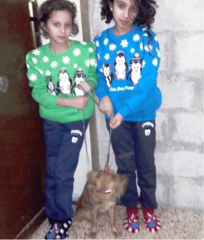 Nagham and Lucy with their new puppy, Nagham and Lucy with their new puppy,