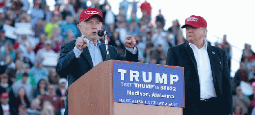 Senator Jeff Sessions with Donald Trump at a campaign rally., From ImagesAttr