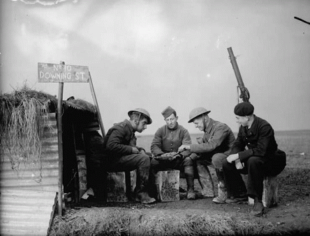28 November 1939 - soldiers playing cards in front of a dug-out named 28 November 1939 - soldiers playing cards in front of a dug-out named