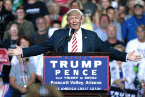 Donald Trump speaking with supporters at a campaign rally at the Prescott Valley Event Center in Prescott Valley, Arizona. October 4, 2016.