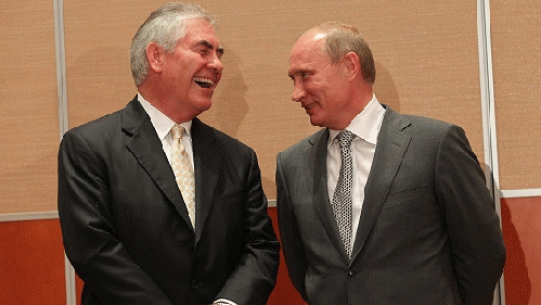 Trump secretary of state nominee Rex Tillerson appears with Russian president Vladimir Putin.