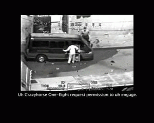 A scene from the Collateral Murder video, showing a passerby getting out of a van to help the wounded. A scene from the Collateral Murder video, showing a passerby getting out of a van to help the wounded.