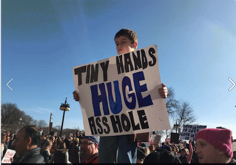 small child with big sign: 'Tiny Hands, Huge Asshole'