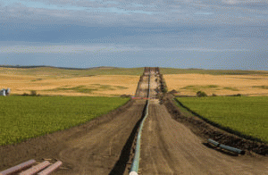 The DAPL (Dakota Access Pipeline) being installed between farms, as seen from 50th Avenue in New Salem, North Dakota. August 25, 2016.