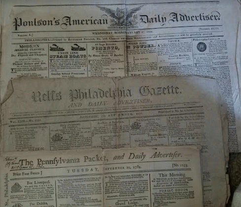 front pages from Newspapers 1784, 1804, 1821-- they mainly reported shipping activity, From ImagesAttr