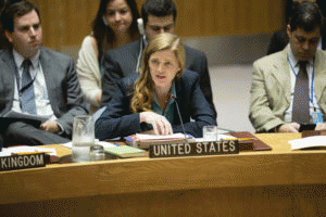 Samantha Power, Permanent Representative of the United States to the UN, addresses the Security Council meeting on Syria, Sept. 25, 2016. Power has been an advocate for escalating U.S. military involvement in Syria., From ImagesAttr