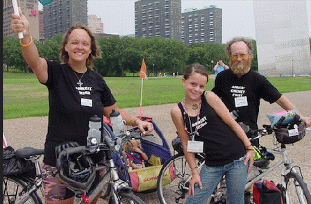 Michele, Grace, Willow, Tala, and Vernon celebrating Tala's 12th birthday in St Louis. This ride was her rite of passage. T-shirts read: Arrest Bush, Arrest Bush, Arrest Cheney First