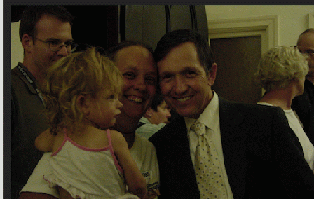 Grace, Michele, and Dennis Kucinich at the 2007 Veterans for Peace convention in St Louis. Dennis led 800 veterans in singing Happy Birthday to Tala.