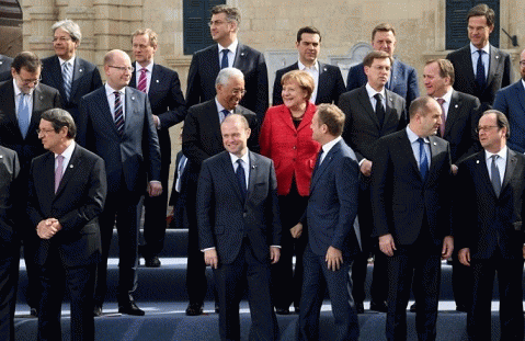 EU leaders gather for a family photo in Valletta, Malta at the summit hosted by Joseph Muscat (center)., From ImagesAttr