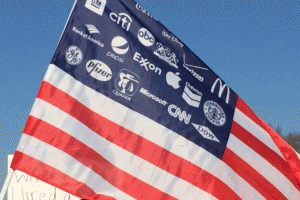 An American flag with corporate logos replacing the Stars. An American flag with corporate logos replacing the Stars.