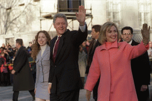 President Bill Clinton, First Lady Hillary Clinton and daughter Chelsea parade down Pennsylvania Avenue on Inauguration Day, Jan. 20, 1997.
