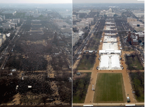 Obama's inauguration crowd is on the left; Trump's crowd is on the right., From ImagesAttr