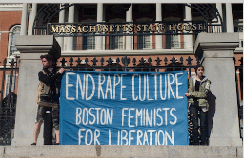 Sign reads: End Rape Culture, Boston Feminists for Liberation