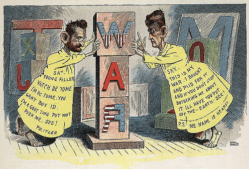 An 1898 cartoon features newspaper publishers Joseph Pulitzer and William Randolph Hearst dressed as a cartoon character of the day, a satire of their papers' role in drumming up U.S. public opinion for  war.