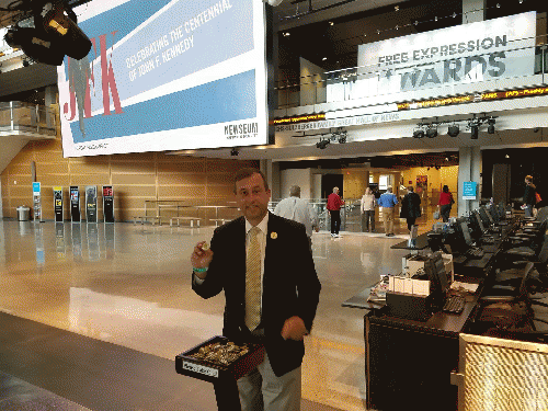 May 8, 2017 - Author freely distributing 'The JFK Button' to Newseum guests, From ImagesAttr