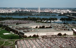The Pentagon, headquarters of the U.S. Defense Department, as viewed with the Potomac River and Washington, D.C., in the background.