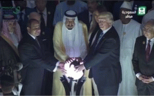 President Donald Trump touches lighted globe with Egyptian President Abdel Fattah al-Sisi and Saudi King Salman and Donald Trump at the opening of Saudi Arabia's Global Center for Combating Extremist Ideology on May 21, 2017. President Donald Trump touches lighted globe with Egyptian President Abdel Fattah al-Sisi and Saudi King Salman and Donald Trump at the opening of Saudi Arabia's Global Center for Combating Extremist Ideology on May 21, 2017.