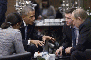 President Barack Obama meets with President Vladimir Putin of Russia on the sidelines of the G20 Summit at Regnum Carya Resort in Antalya, Turkey, Nov. 15, 2015. National Security Advisor Susan E. Rice listens at left.